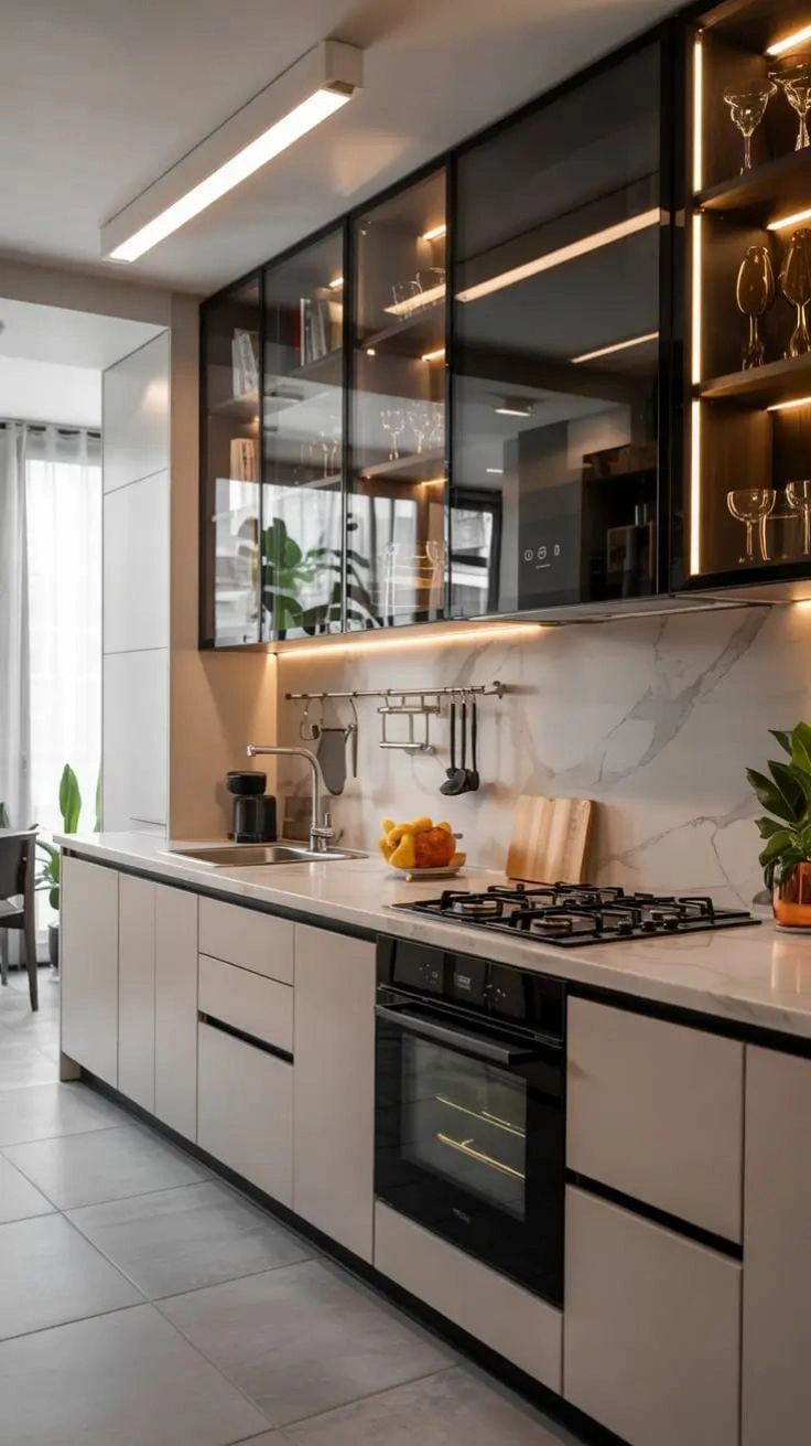 Elegant modern kitchen glass cabinetry manufactured in Rawalpindi